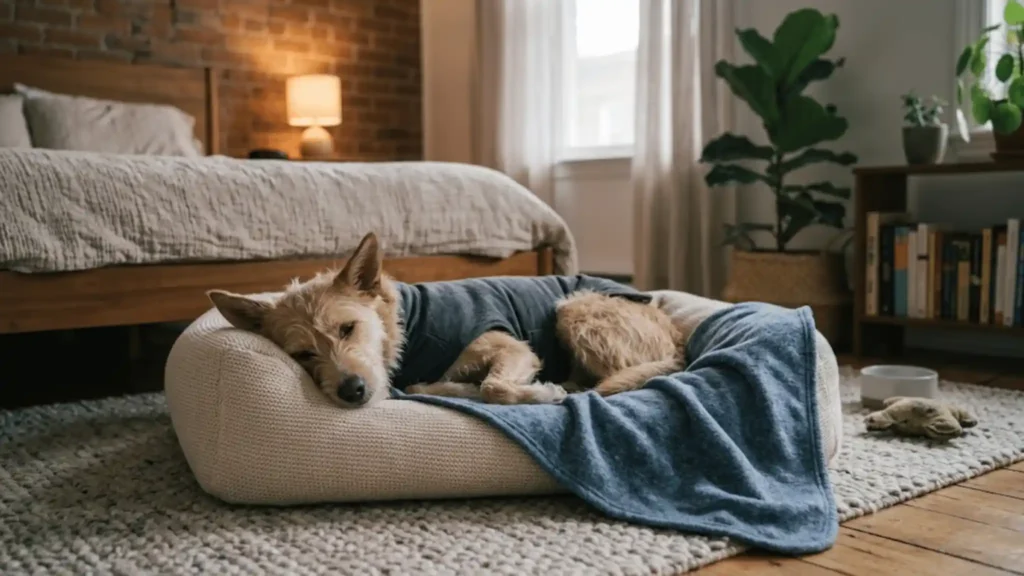 How to calm dog anxiety naturally: relaxed dog resting on a soft bed with a weighted anxiety wrap