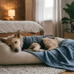 Relaxed dog lying on a soft bed with a weighted anxiety wrap