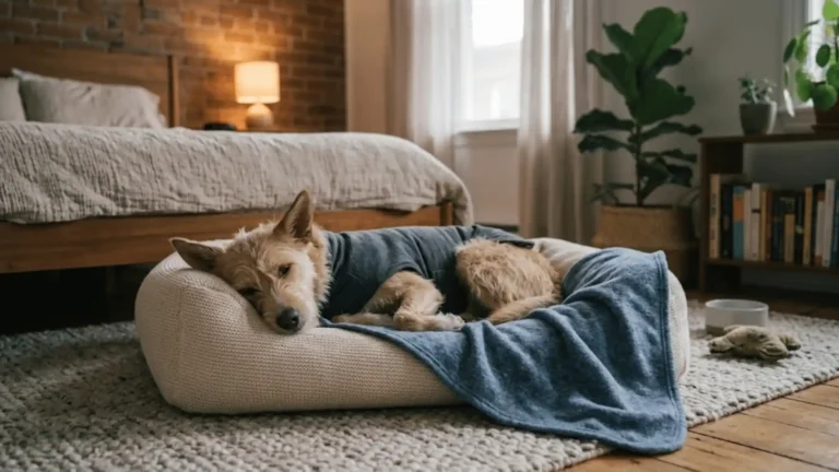 Relaxed dog lying on a soft bed with a weighted anxiety wrap