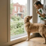 Stop Dog Barking, Owner calmly signaling quiet to an attentive dog during training