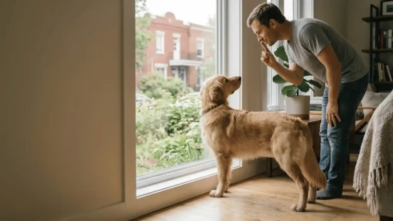 Stop Dog Barking, Owner calmly signaling quiet to an attentive dog during training