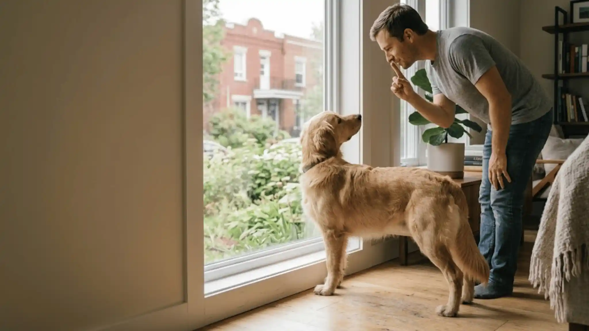 Stop Dog Barking, Owner calmly signaling quiet to an attentive dog during training
