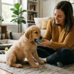 Owner redirecting a puppy's biting onto a chew toy during training