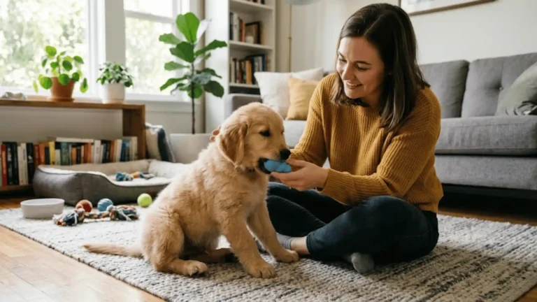 Owner redirecting a puppy's biting onto a chew toy during training