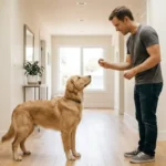 How to stop dog jumping on people: owner training a dog not to jump using a treat at chest height.
