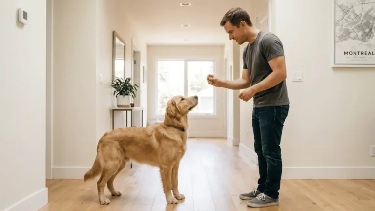 How to stop dog jumping on people: owner training a dog not to jump using a treat at chest height.