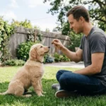 Dog sitting obediently in front of its owner holding a treat