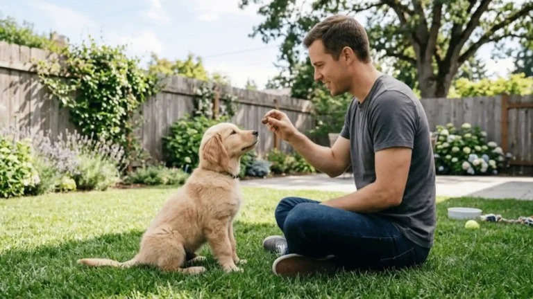 Dog sitting obediently in front of its owner holding a treat