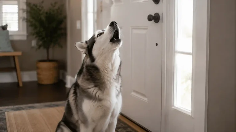 Siberian husky standing anxiously by a front door, showing signs of separation anxiety