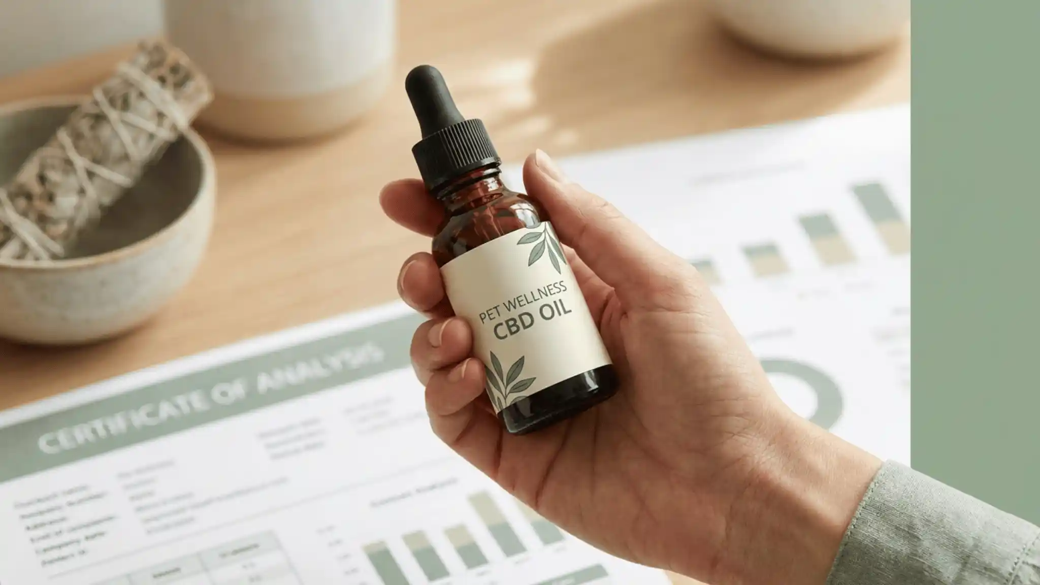 Hand holding a bottle of Pet Wellness CBD oil next to a lab certificate of analysis for quality testing