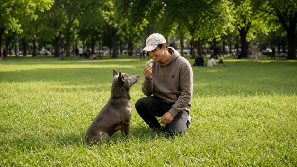 Trainer rewarding an obedient dog outdoors as part of positive reinforcement training