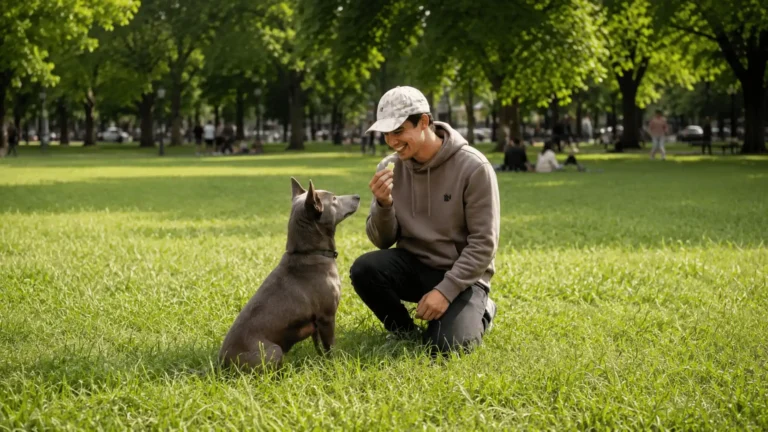Trainer rewarding an obedient dog outdoors as part of positive reinforcement training