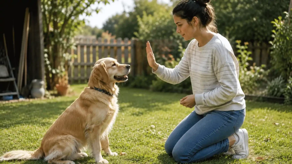 Woman using a hand signal to teach the "stay" command to a Golden Retriever in a backyard garden with positive reinforcement during an outdoor dog training session.