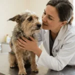 Dog anxiety at the vet: a veterinarian gently examines a nervous dog while the owner comforts it
