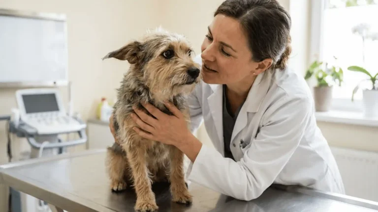 Dog anxiety at the vet: a veterinarian gently examines a nervous dog while the owner comforts it