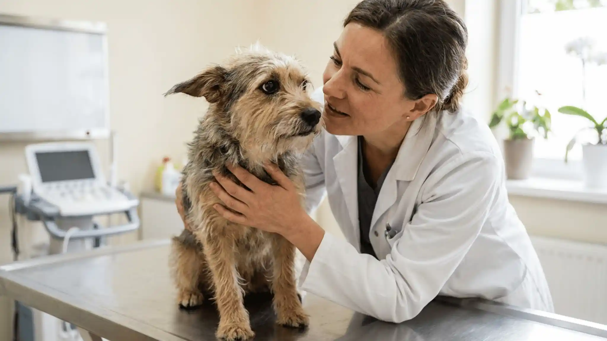 Dog anxiety at the vet: a veterinarian gently examines a nervous dog while the owner comforts it