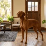 Vizsla separation anxiety dog standing alone anxiously near the door