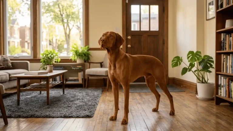 Vizsla separation anxiety dog standing alone anxiously near the door