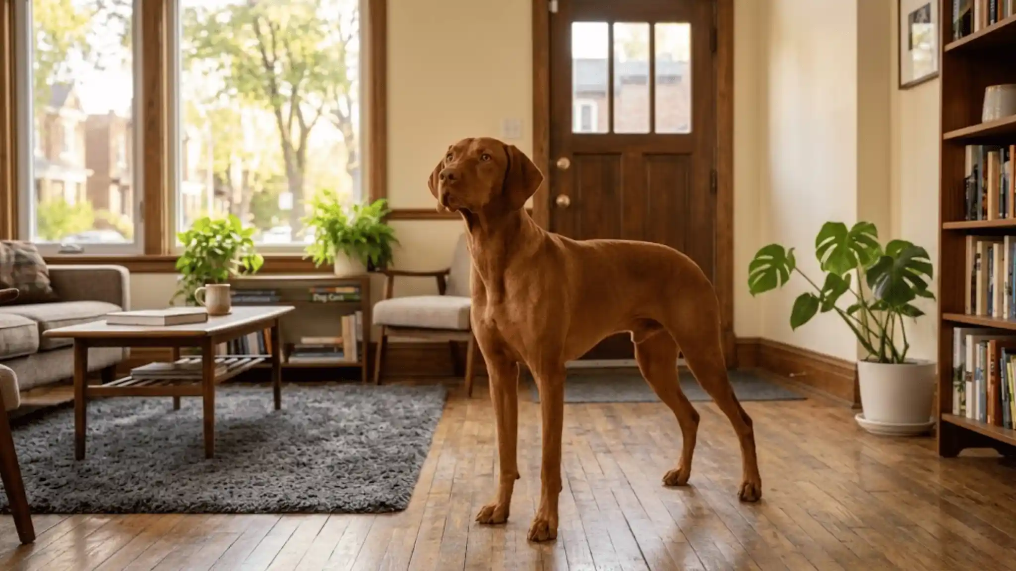 Vizsla separation anxiety dog standing alone anxiously near the door