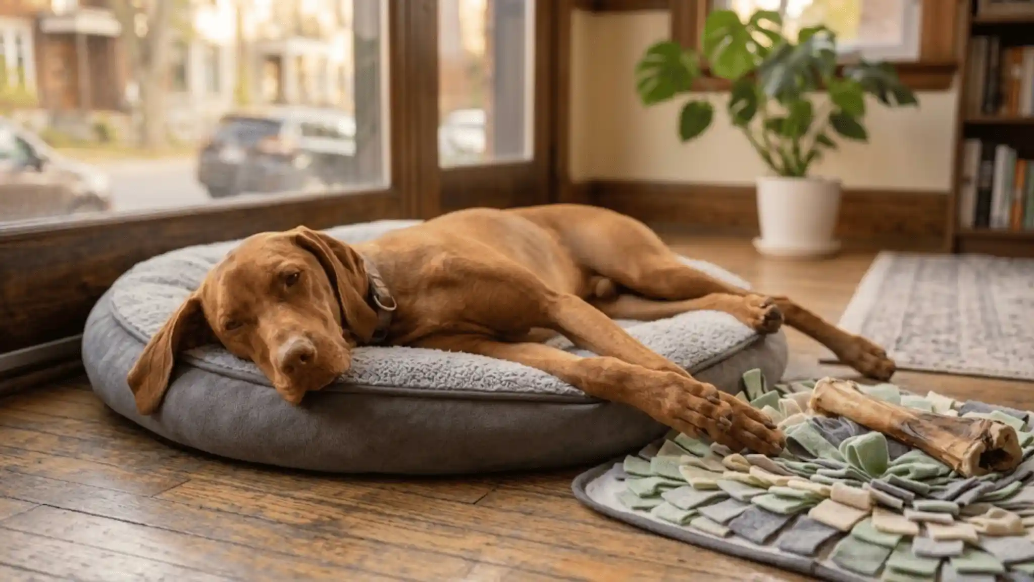 Vizsla resting calmly on a dog bed after separation anxiety treatment