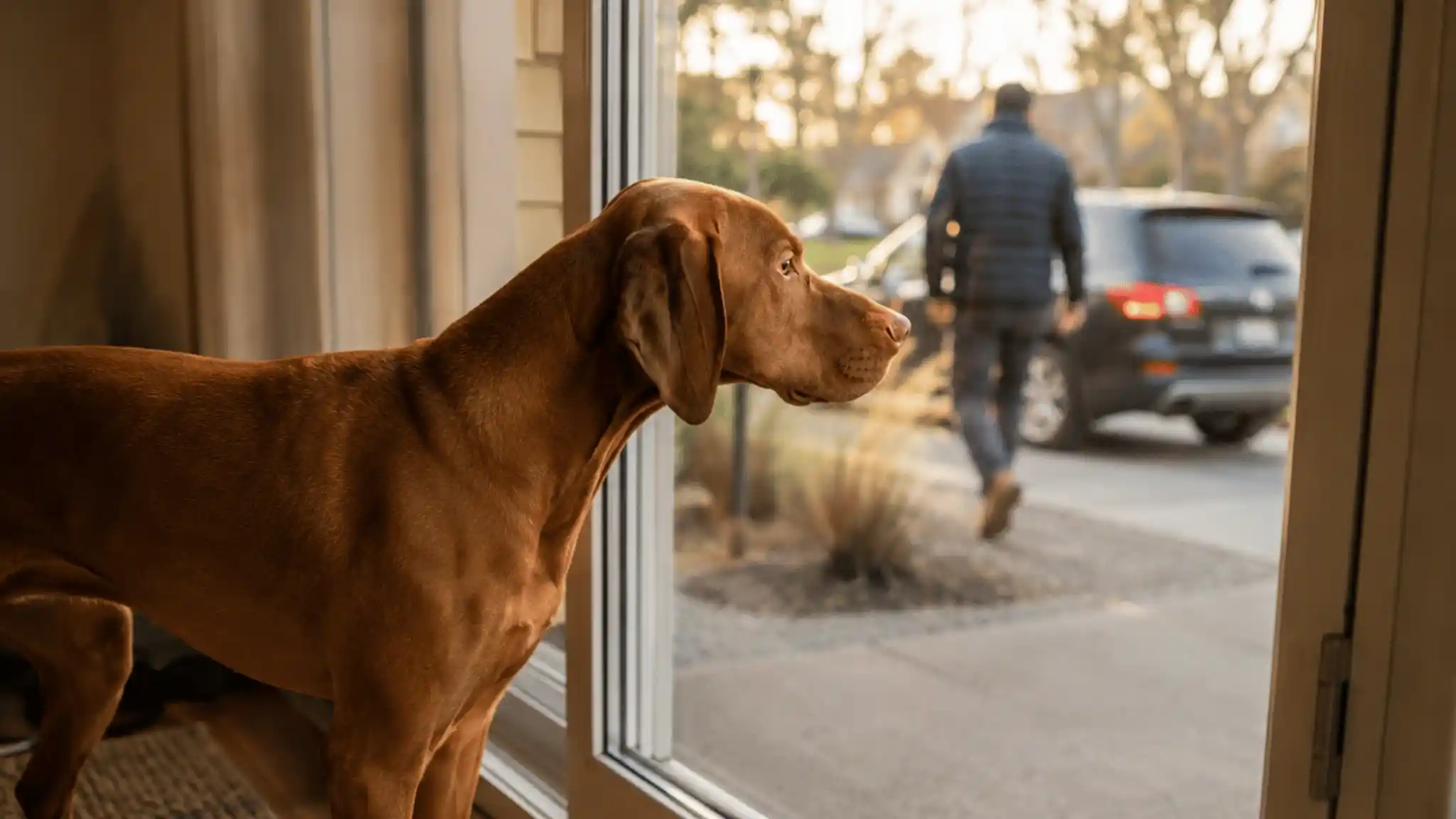 Vizsla watching owner leave, velcro dog separation anxiety