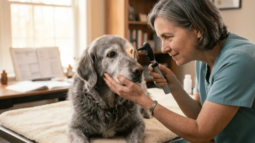 vet checking senior dog's vision for causes of anxiety