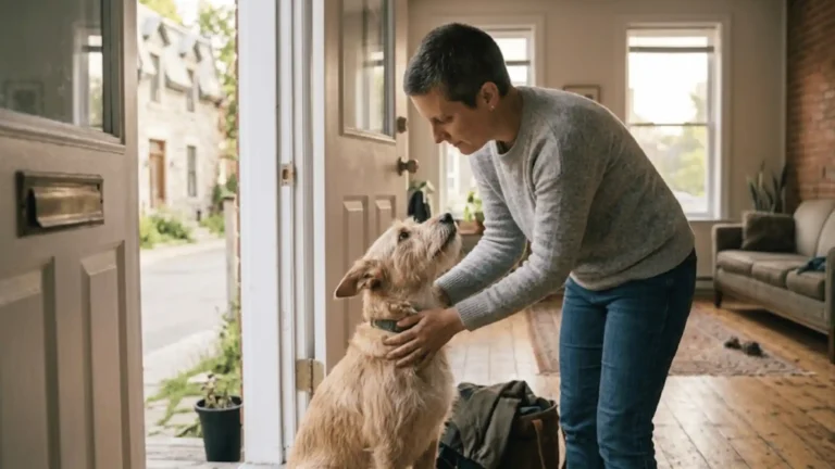 What not to do with dog separation anxiety - owner comforting an anxious dog before leaving home
