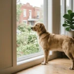 Why is my dog barking at nothing: alert dog standing at a window looking outside intently.