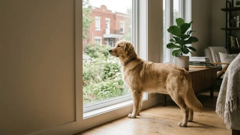 Why is my dog barking at nothing: alert dog standing at a window looking outside intently.