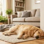 Calming diffuser plugged into a wall next to a relaxed dog lying on the floor