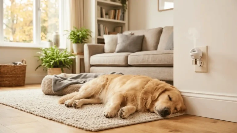 Calming diffuser plugged into a wall next to a relaxed dog lying on the floor