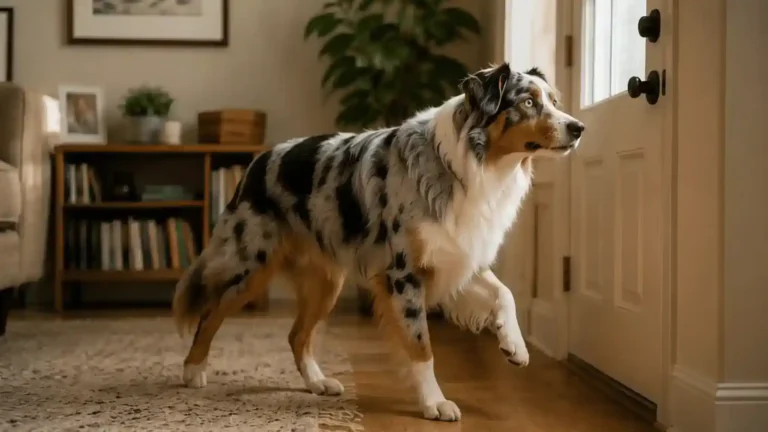 Australian Shepherd separation anxiety dog pacing anxiously near the front door