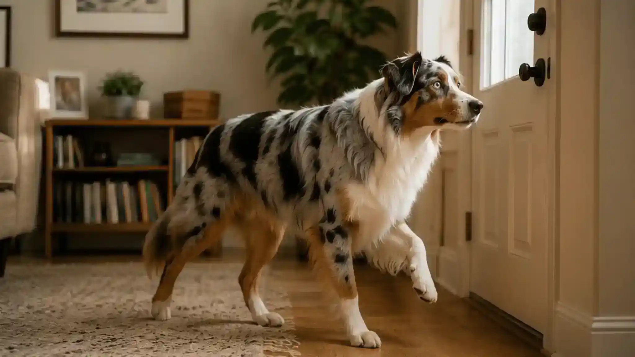 Australian Shepherd separation anxiety dog pacing anxiously near the front door