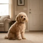 Toy Poodle separation anxiety dog sitting alone anxiously in the living room