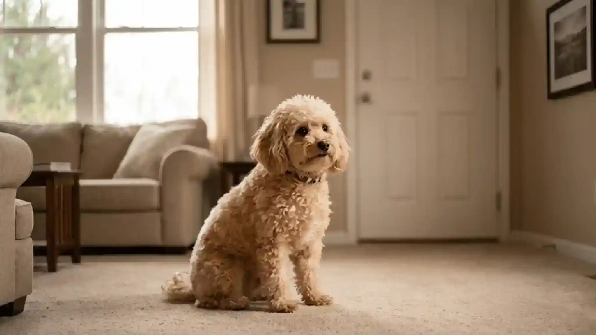 Toy Poodle separation anxiety dog sitting alone anxiously in the living room