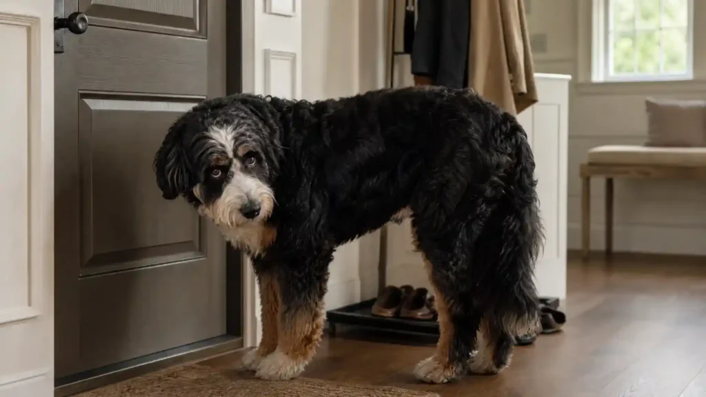 Bernedoodle looking anxious near a door