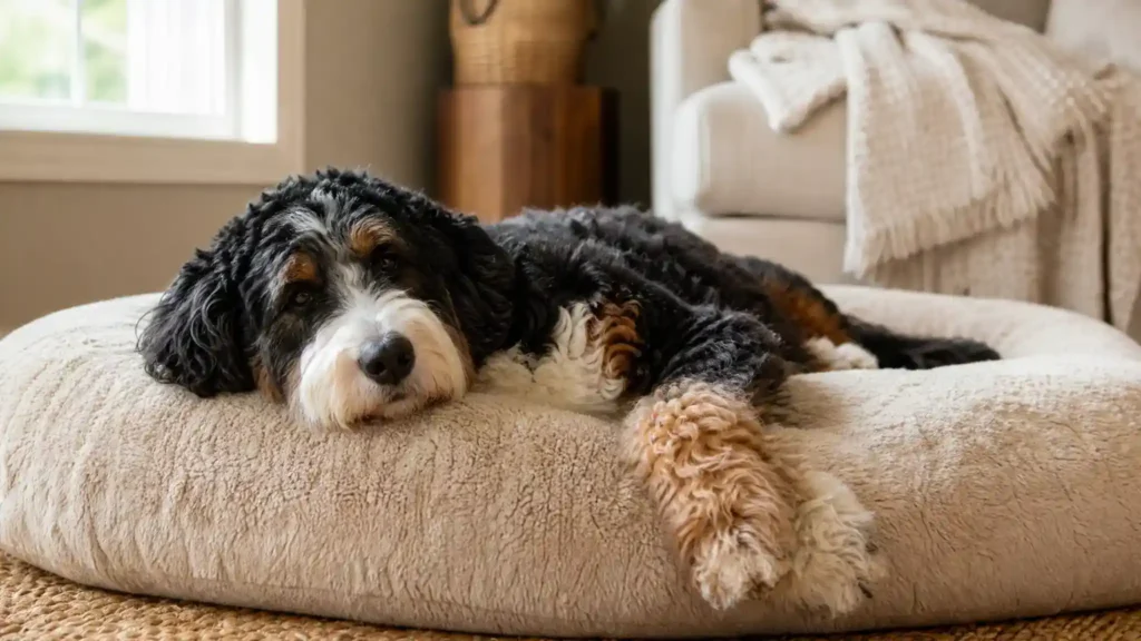 Calm Bernedoodle resting on a dog bed
