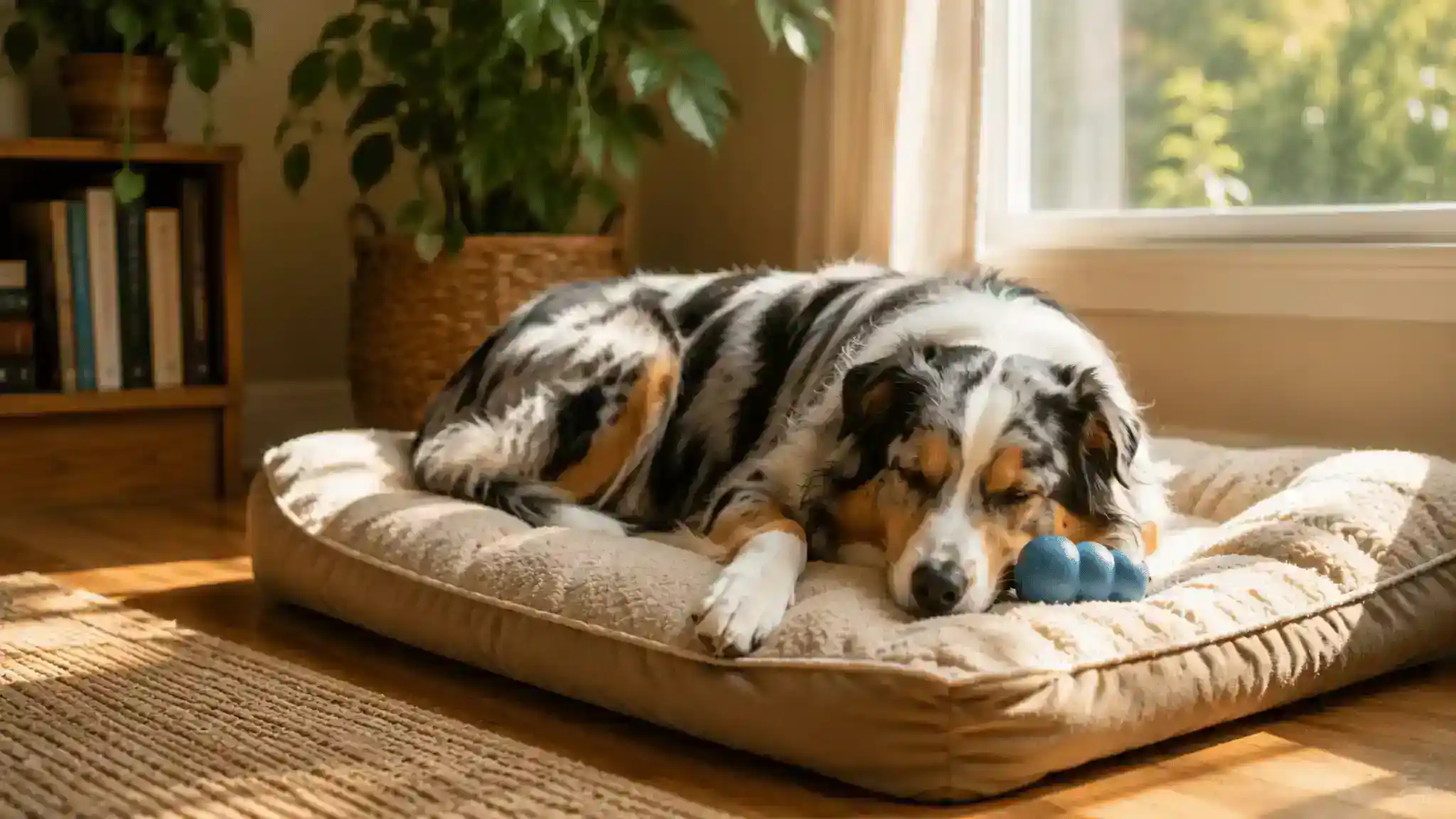 Australian Shepherd resting calmly on a dog bed after separation anxiety treatment
