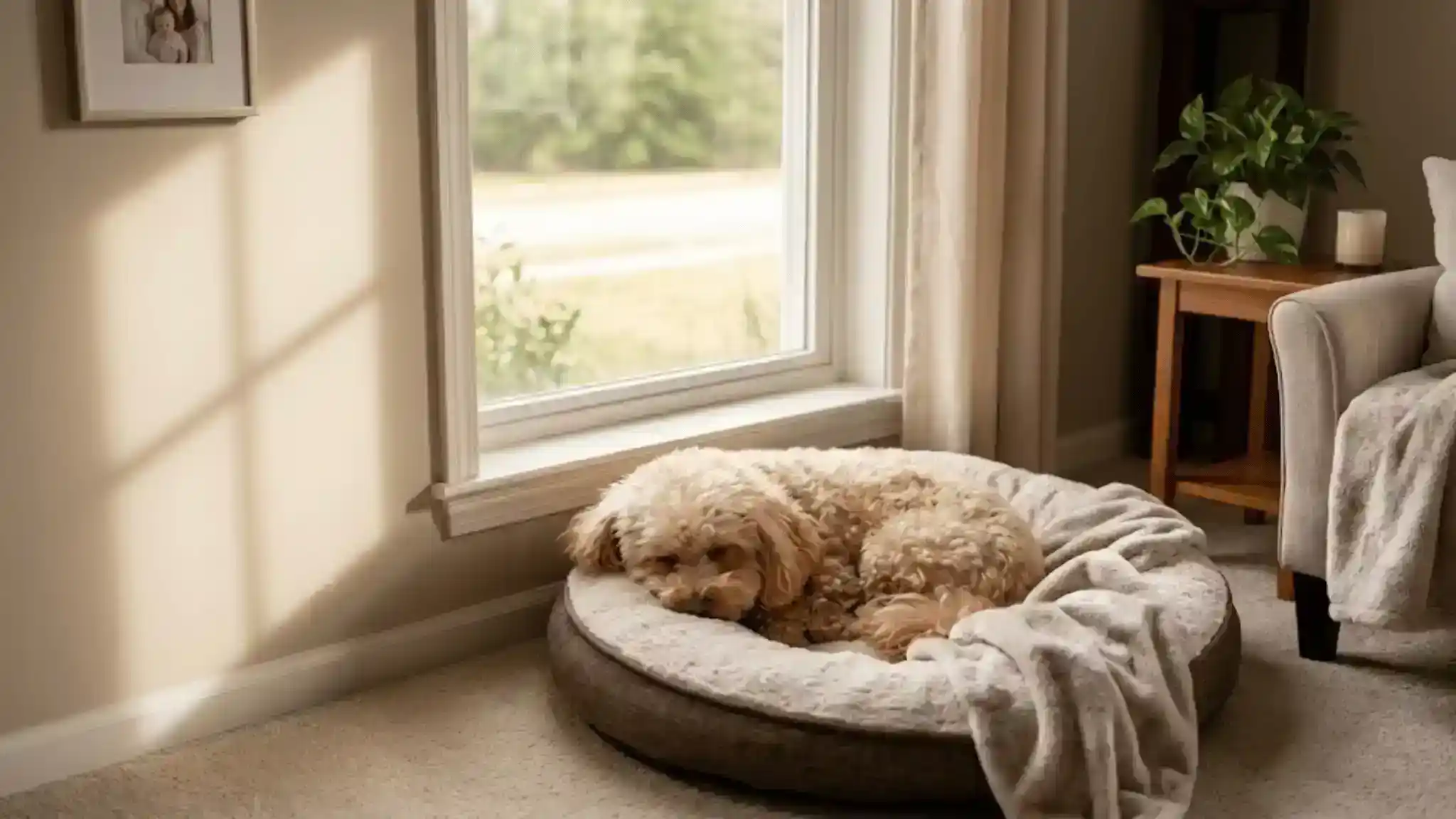 Toy Poodle resting calmly asleep on a dog bed after separation anxiety treatment