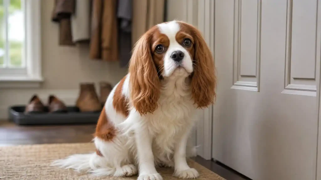 Cavalier King Charles Spaniel looking anxious near a door