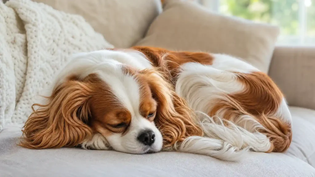 Calm Cavalier King Charles Spaniel resting on a sofa