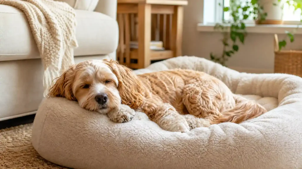 Calm Cockapoo resting on a dog bed