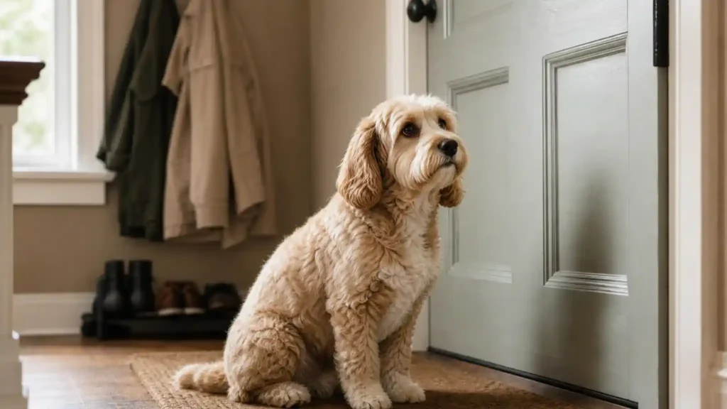 Cockapoo sitting by a front door looking worried