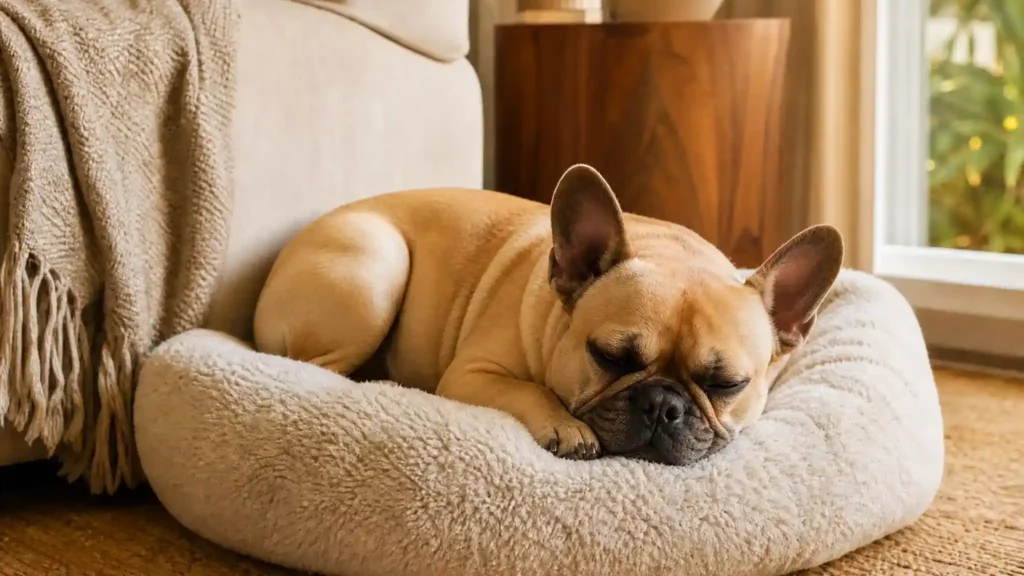 Calm French Bulldog resting on a dog bed
