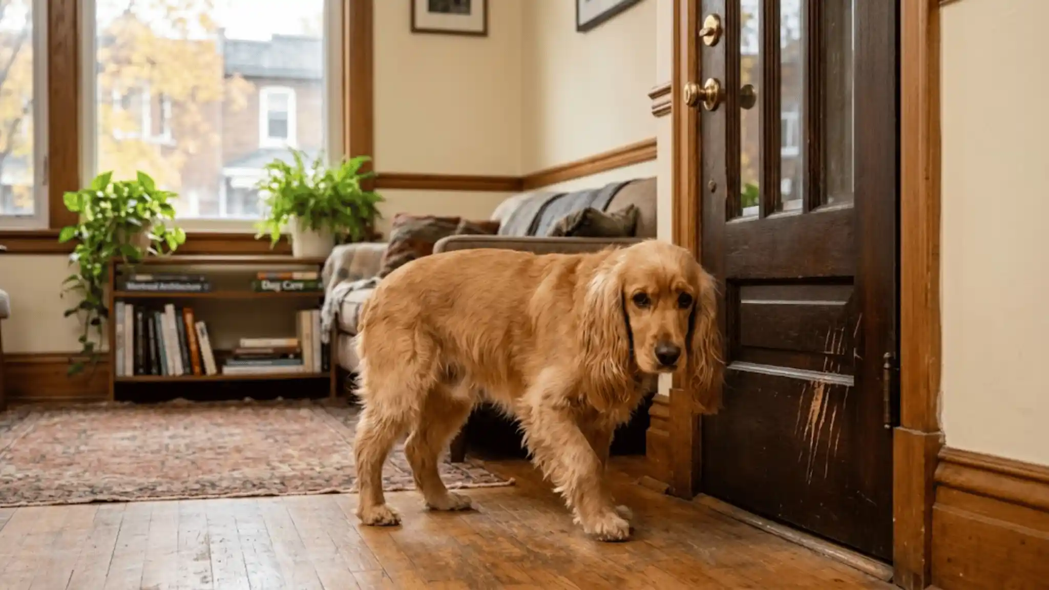 Cocker Spaniel separation anxiety dog standing alone anxiously by the front door