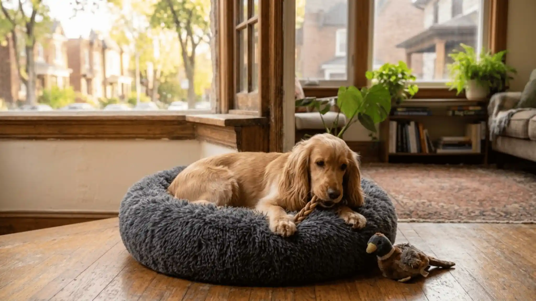 Cocker Spaniel resting calmly on a dog bed after separation anxiety treatment