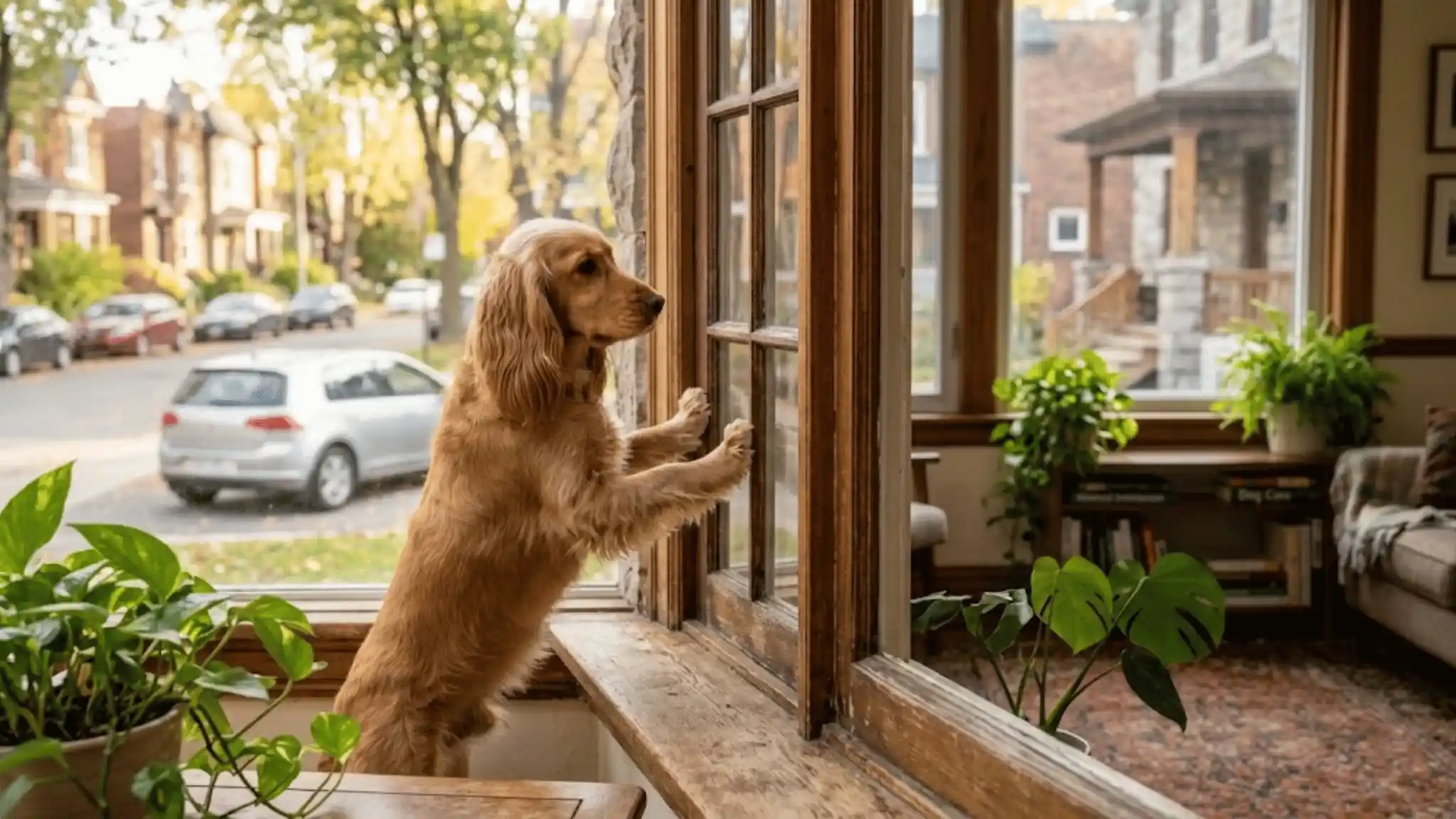 Cocker Spaniel watching owner leave through the window, separation anxiety