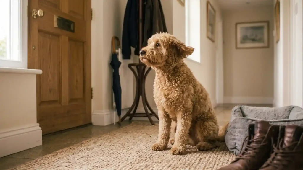 Goldendoodle showing signs of separation anxiety by the front door