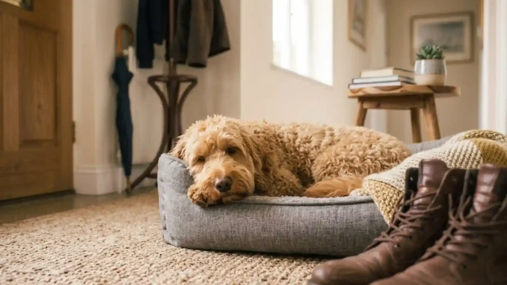 Calm Goldendoodle relaxed on a dog bed
