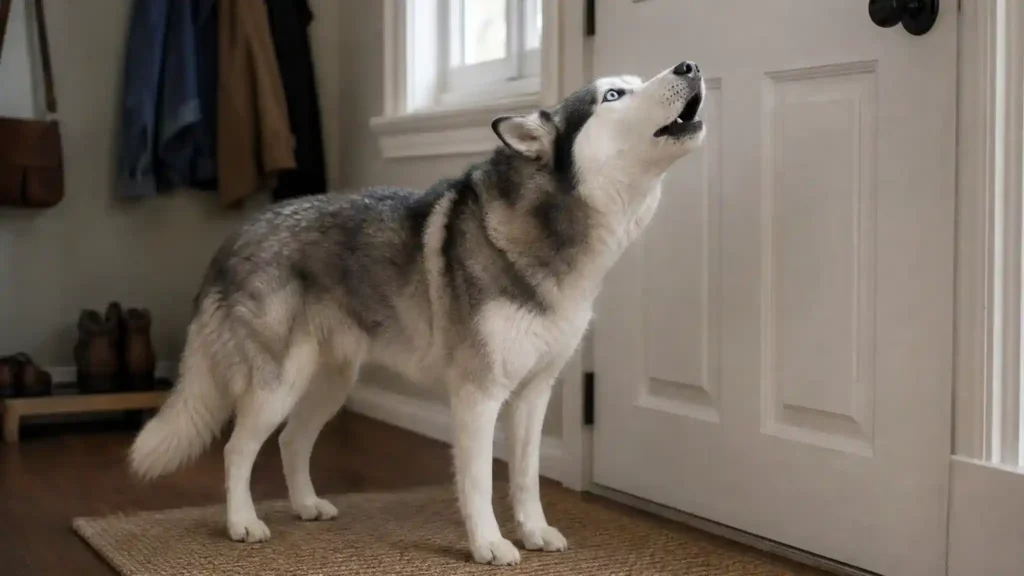 Husky howling or looking anxious near a door
